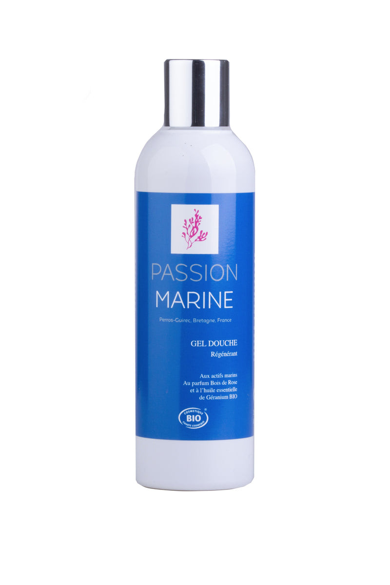 Bouteille de gel douche "Passion Marine" avec étiquette bleue et bouchon argenté.