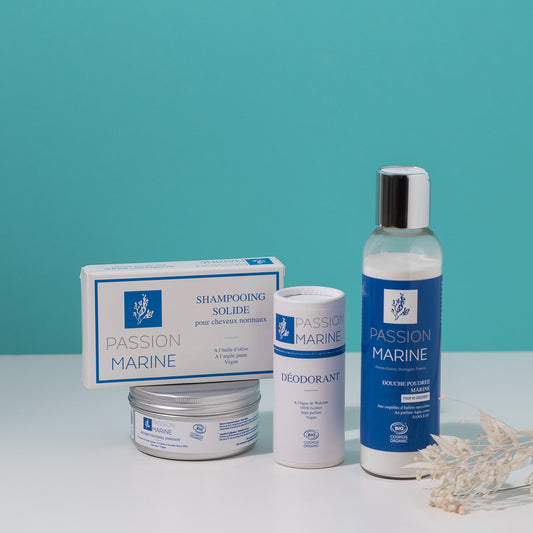 Coffret solide : Shampoing solide, beurre fondant, gel douche, déodorant solide
class=