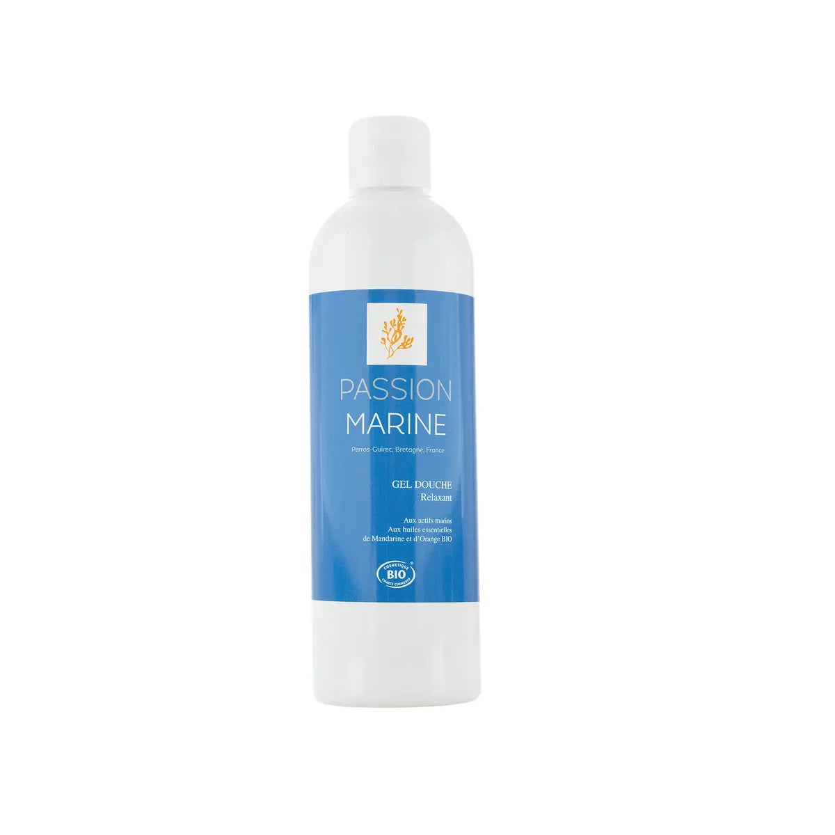 Bouteille de gel douche Passion Marine aux huiles essentielles bio.