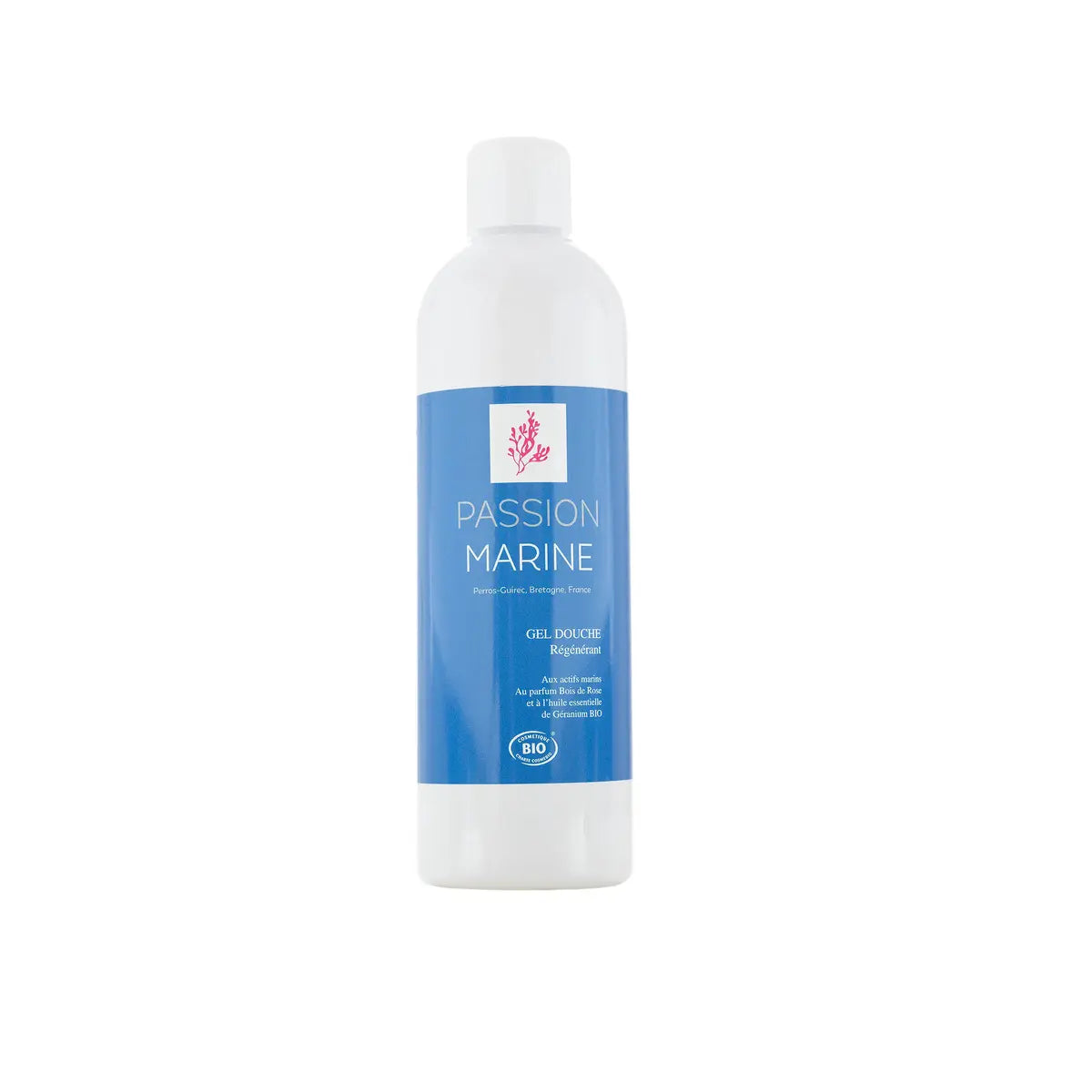 Bouteille de gel douche Passion Marine, étiquette bleue.