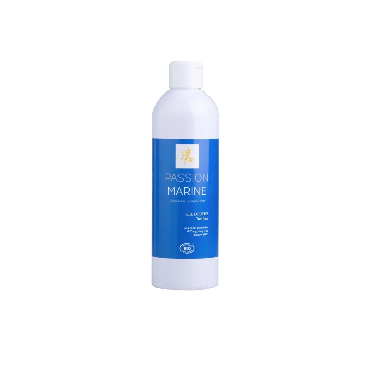 Bouteille de gel douche Passion Marine aux huiles essentielles.
