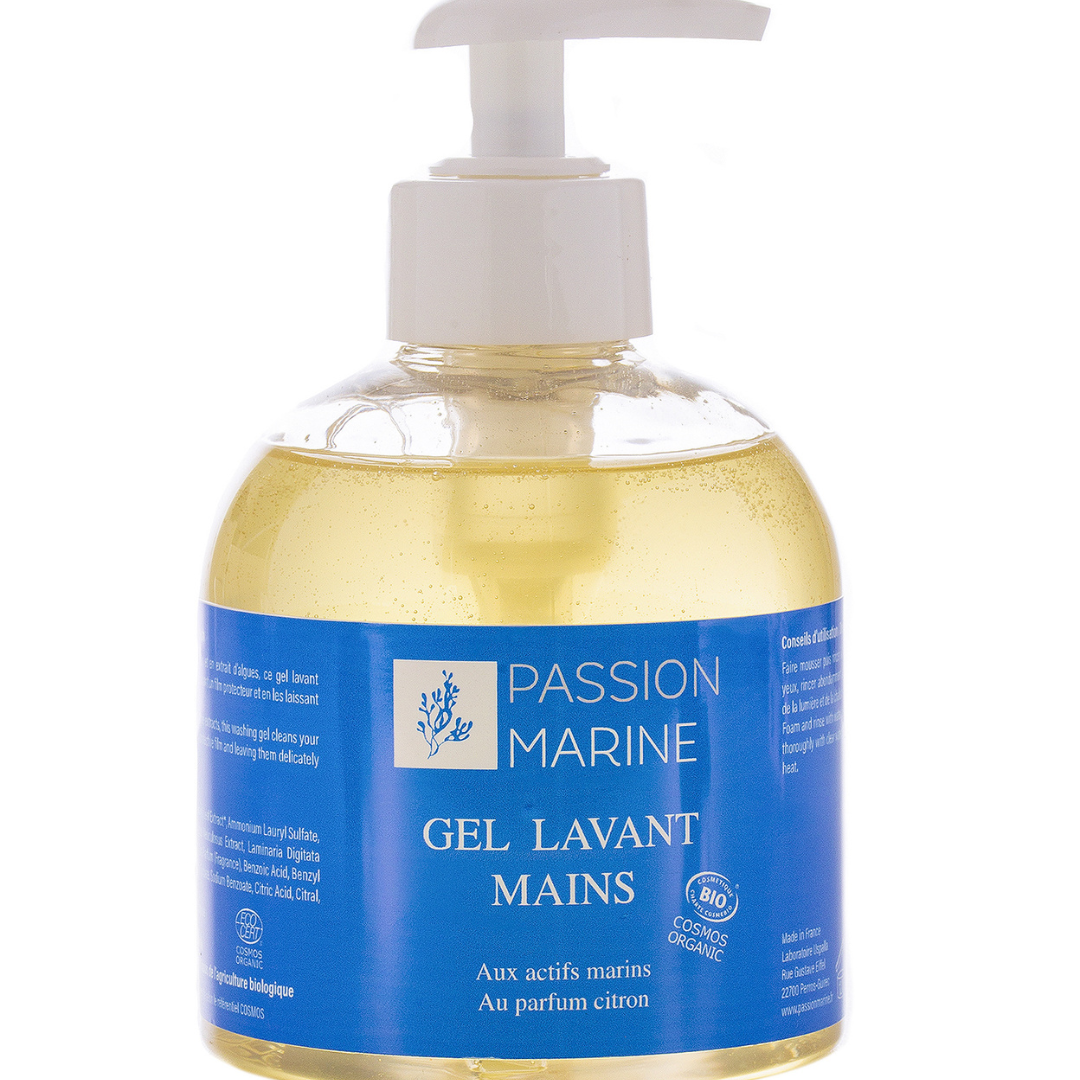 Bouteille de gel lavant mains Passion Marine, parfum citron, étiquette bleue.