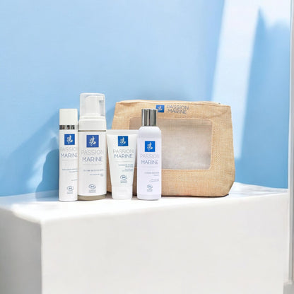 Routine Peau sensible: Lotion douceur nettoyant, Gommage marin, Écume nettoyante, Crème émulsion douceur