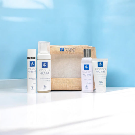 Routine Peau sensible: Lotion douceur nettoyant, Gommage marin, Écume nettoyante, Crème émulsion douceur