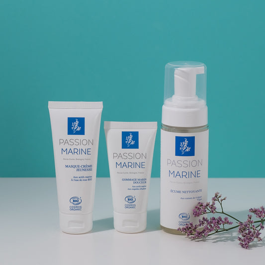 Routine du soir: Masque crème jeunesse, Gommage marin douceur, Écume nettoyante