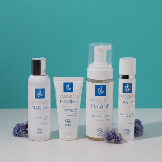 Sensitive Skin Routine: Gentle cleansing lotion, Marine scrub, Cleansing foam, Gentle emulsion cream
                  class=