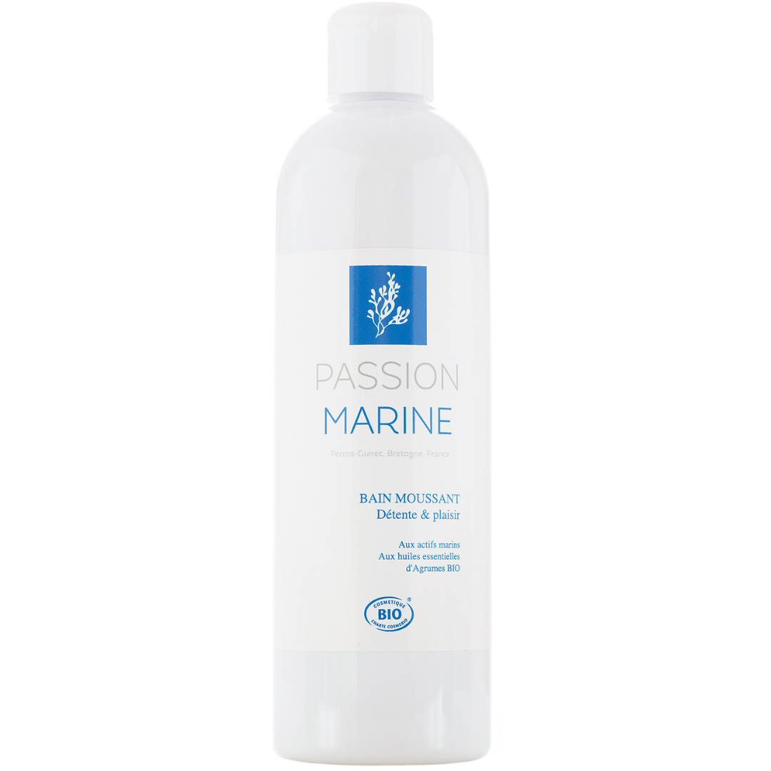Bouteille de bain moussant Passion Marine avec actifs marins et huiles essentielles.